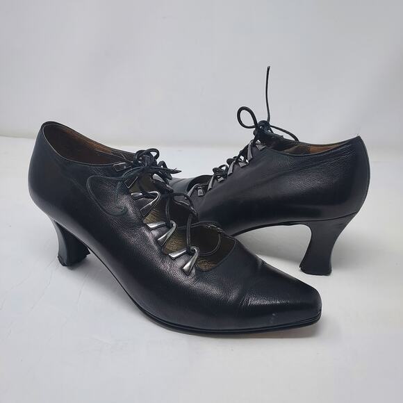 Prevata Shoes - Prevata Black Leather Pointed Toe Kitten Heel Lace Up Shoes Size 7